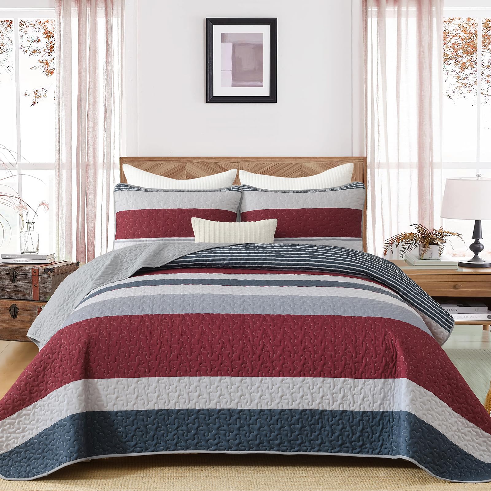 Dinjoy Boho Quil Queen Size,Red Striped Bedding Sets Patchwork Bedspread, 3 Pieces Lightweight Micofiber Coverlet Sets with 2 Pillowshams for All Season (96"x90") Image