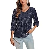 LADI TREND Women's Sequin Glitter Blouse Sparkly Shimmer Party Top 3/4 Sleeve Loose Shirt for Club Night Out *Navy,Size M*