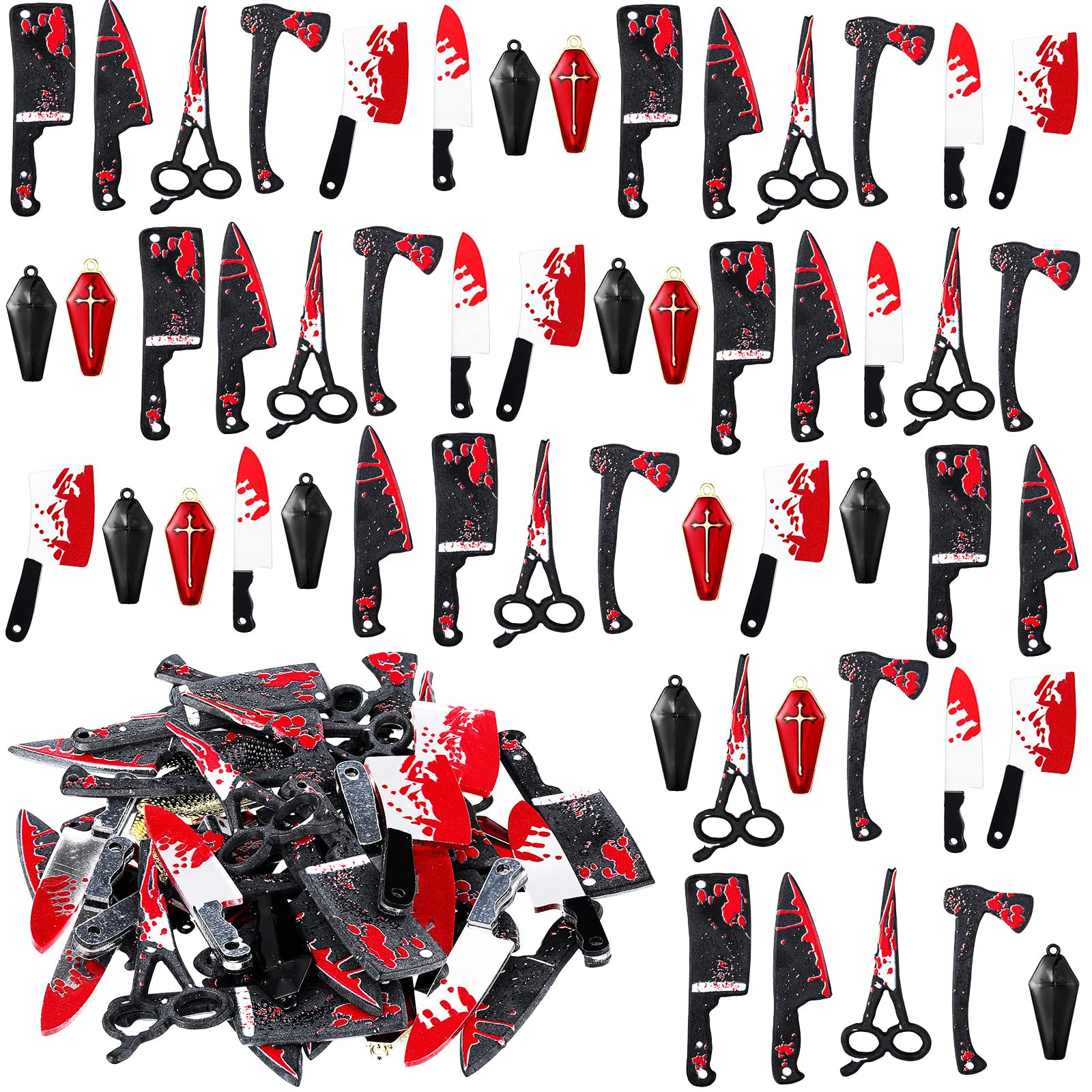 Photo 1 of BBTO 48 Pcs Halloween Charms for Jewelry Making Fake Knife Scissors Axe Charms Mini Acrylic Gothic Cross Coffin Halloween Pendant for Women Necklace Earring Bracelet Crafting DIY, 8 Styles