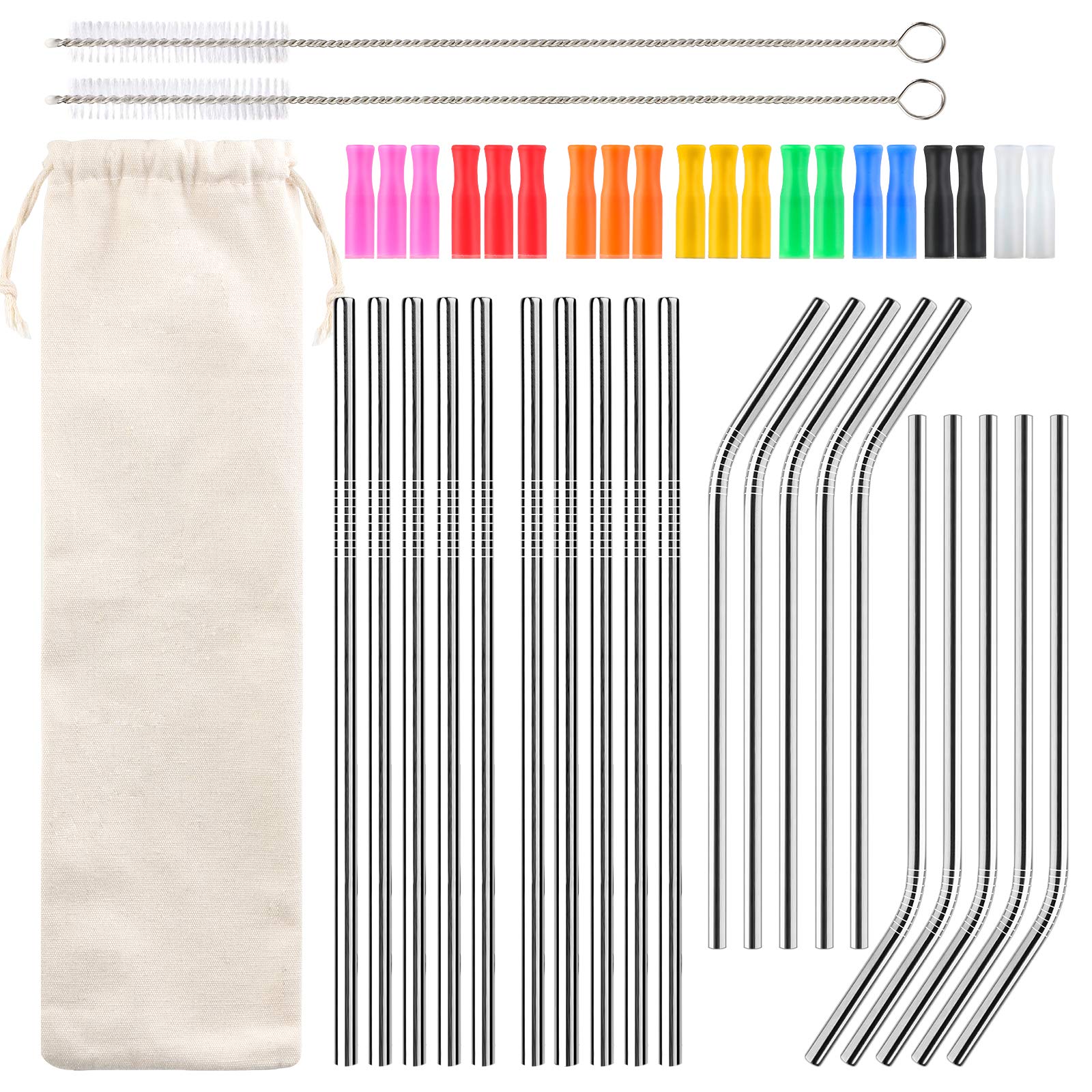 20 PCS Stainless Steel Straws Reusable Metal Straws with 2 Brushes and 10 Colorful Silicone Tips 21.5cm Drinking Straws Set for Cocktails Bar Party