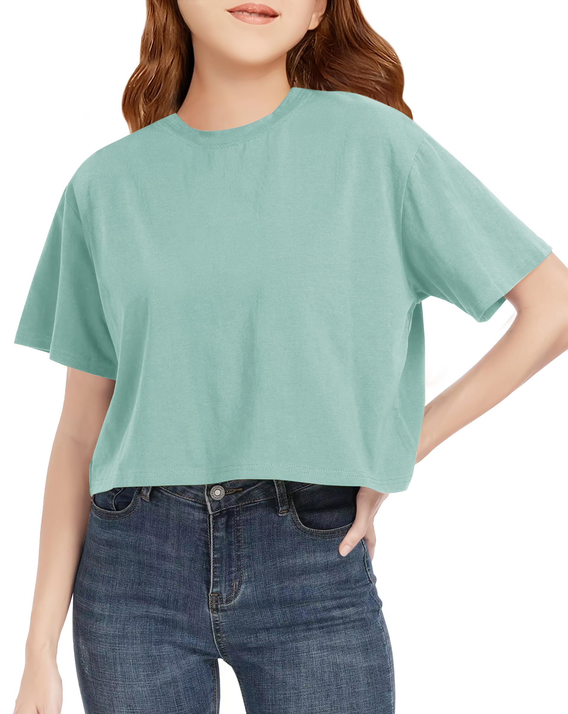Photo 1 of CharmWM Girls Summer Short Sleeve Crop Tops Kids Fashion Oversized Crew Neck Cropped T Shirts Casual Loose Fit Basic Tees Size 5-14 Years Blue Grey