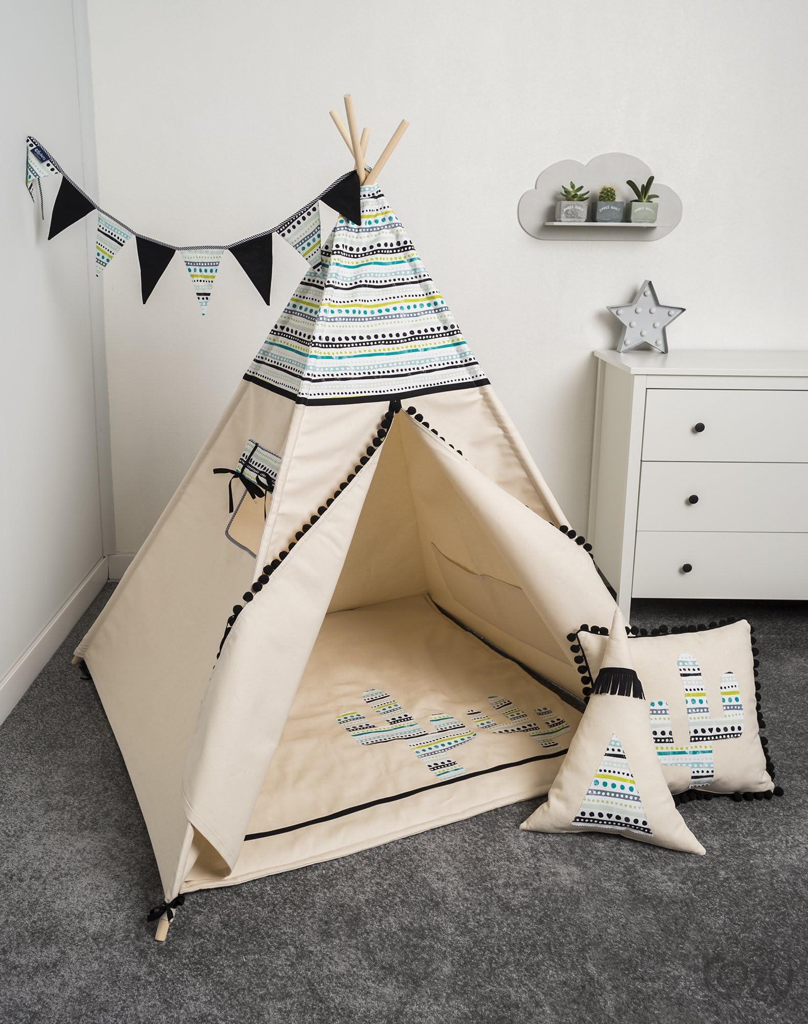 cozydots Children Indian Teepee Tent Wigwam Kids Play Tent Aztec 2 Set 5 elements