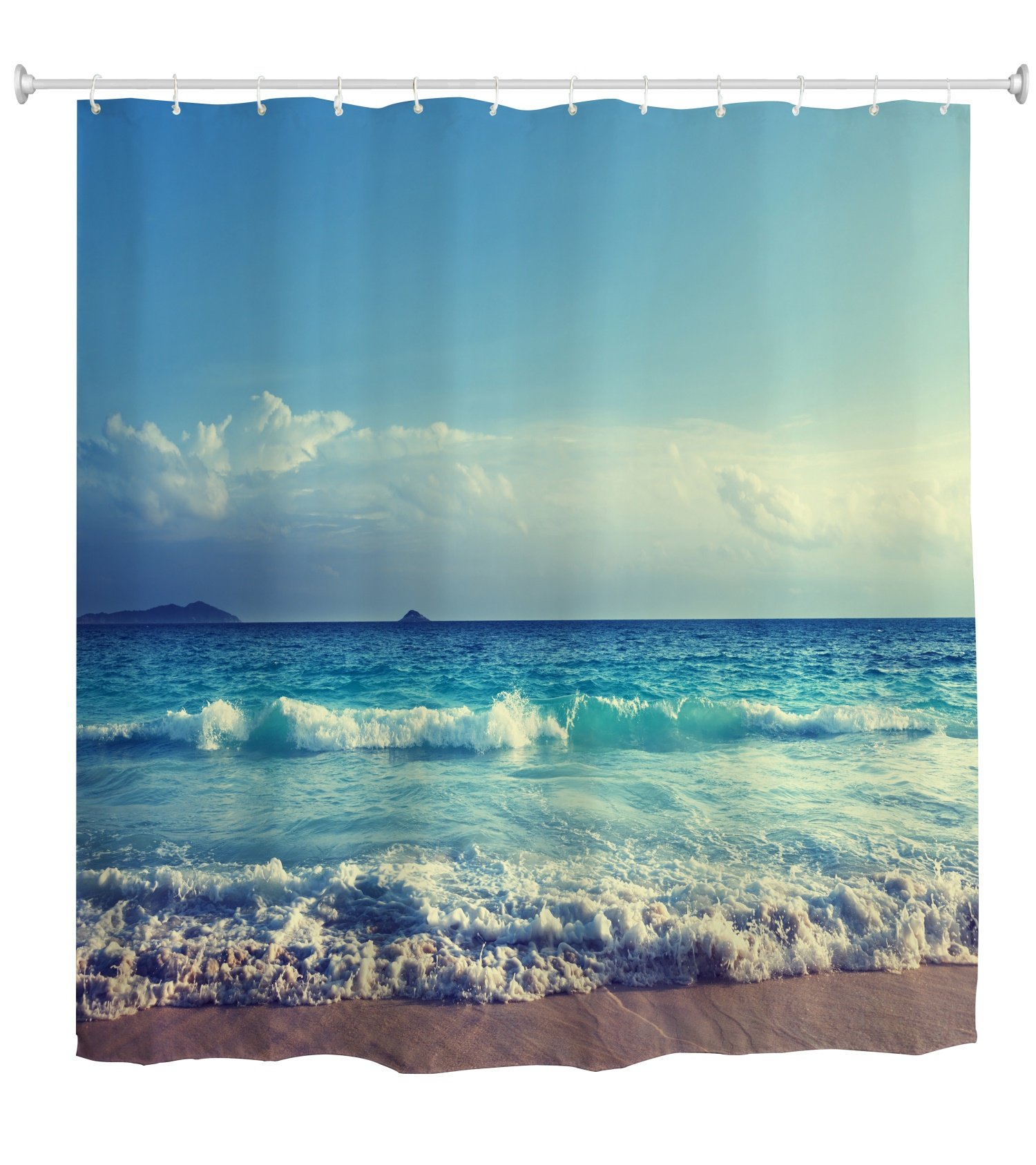 goodbath Ocean Beach Shower Curtain, Sea Waves Blue Sky Waterproof Mould proof Fabric Bathroom Curtains, 180 x 180 cm, Blue White Brown