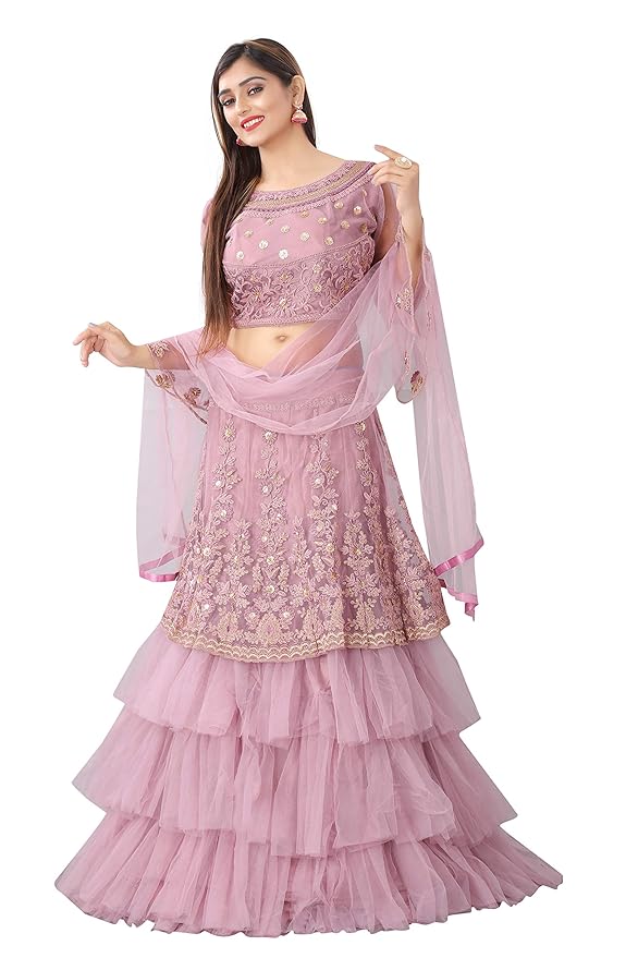 Buy Arvika Pink Net Glitter Coding Semi Stitched Lehenga Choli with Dupatta at Amazon.in