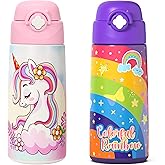 Ntswasd Girls Insulated Water Bottle with Covered Pop-Up Straw,16 oz Kids Cups with Stainless Steel Leak Proof for School（2 pack,Unicorn+Rainbow-P）
