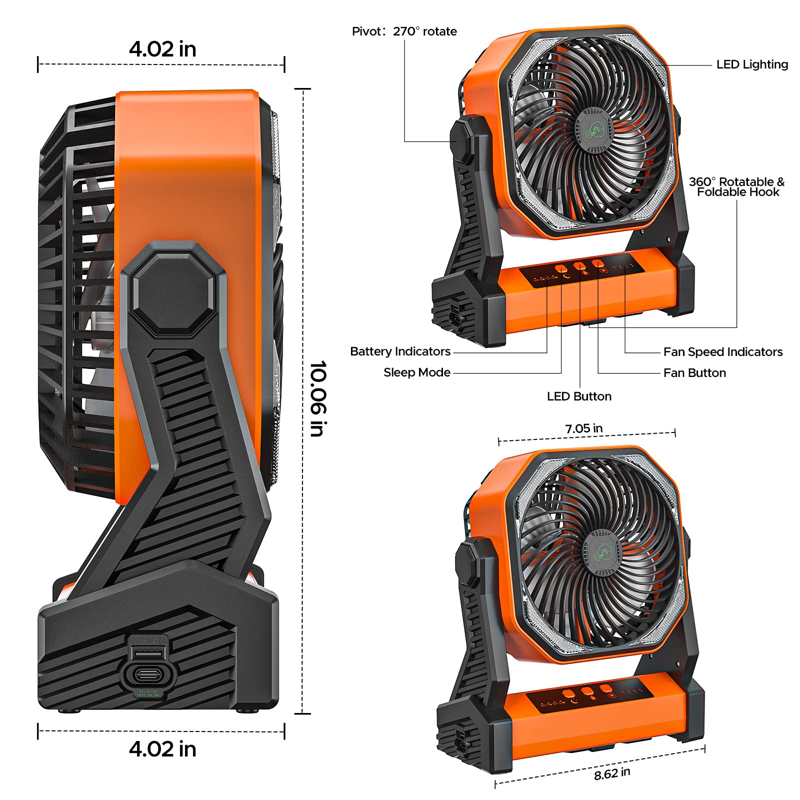 20000mAh Rechargeable Camping Fan with LED Lantern, 58hrs Portable Battery Operated Desk Fan with Hanging Hook for Camping Picnic Fishing Hurricane Power Outages