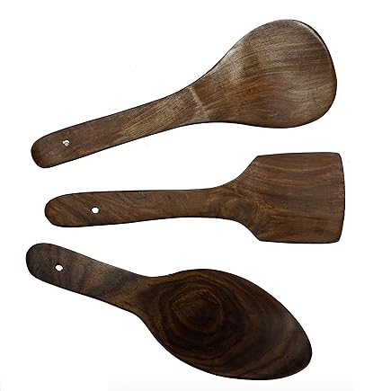LUNATIC CRAFTWORK Wooden KITCHENWARE (COOKWARES) - Serving and Cooking Non Stick Wooden Rice/Paddle Spoons Set of 3 { Kitchen/Cooking Tools }
