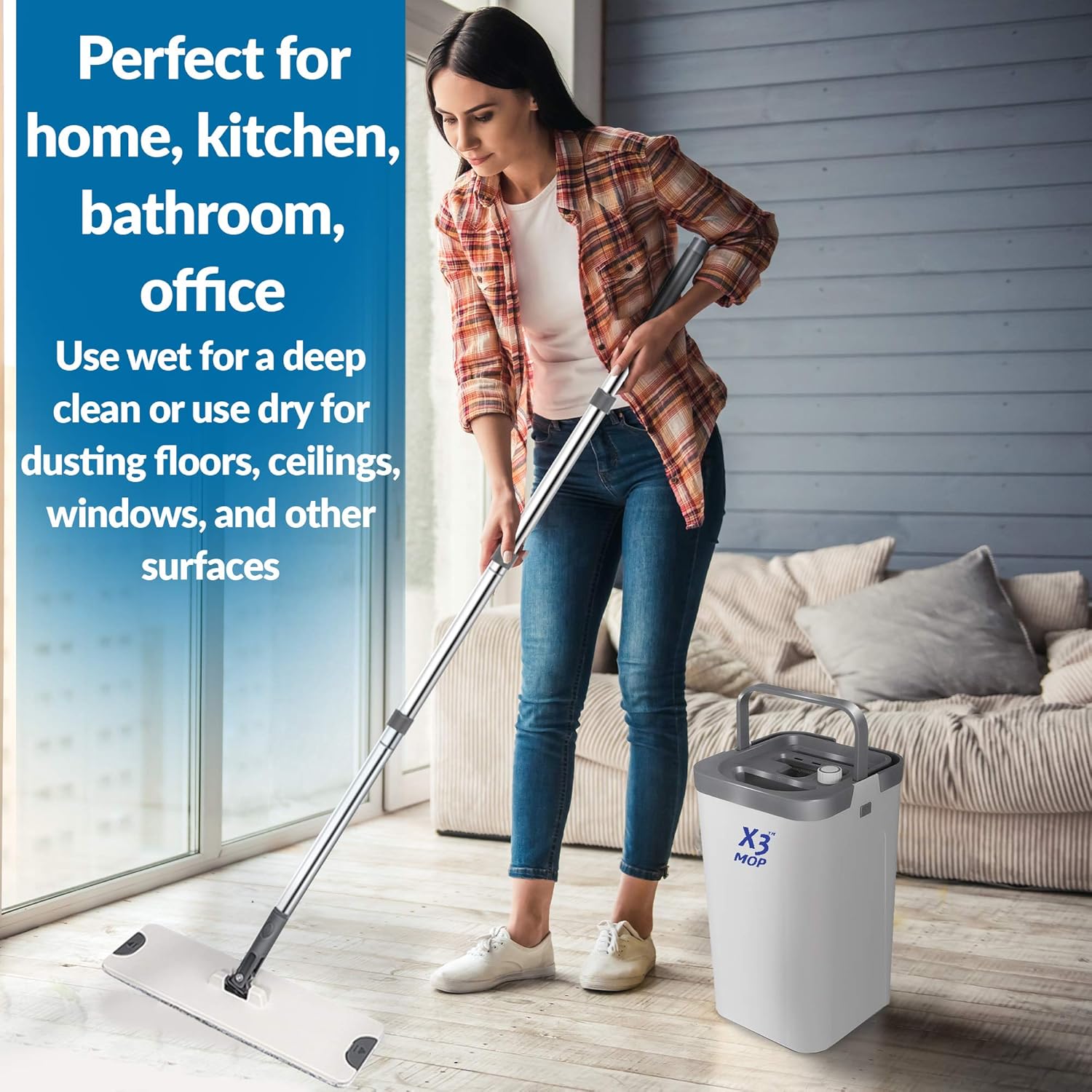 X3 Flat Floor Mop and Bucket Set for Hands Free Home Floor Cleaning, Separates Dirty and Clean Water, 3-Chamber Design 3 Reusable Microfiber Mop Pads Included: Kitchen & Dining