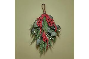 LampLust Winter Swag for Front Door, 18 Inch Greenery Swag with Eucalyptus and Red Berry, Teardrop Swags for Decorating, Floral Swags for Winter Wedding Decor, Wall & Window Decor, Front Door Swag