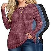 Velvelhall 3 Pack Women's Plus Size Tunic Sweaters Ribbed Long Sleeve Slim Fit Shirts Crewneck Pullover Casual Tops