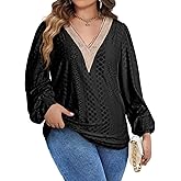 Eytino Womens Plus Size Tops Lantern Long Sleeve Lace V Neck Dressy Casual Blouse Loose Tunic Shirts(1X-5X)