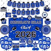 Graduation Decorations 2026 Blue Themed Set, Congrats Grad Banner Class of 2026 Backdrop Balloons and Streamers Kit High School and College Graduation Party Supplies