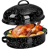 MCCSI Roasting Pan with Lid & Rack 18 Inch Extra Large Deep Oven Baking Pot, Enamel Granite NonStick Oval Carbon Steel Pot for Turkey Chicken Ham Steak NonToxic for Valentine's Day Gift Roaster Pan