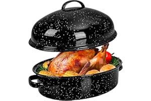 MCCSI Enamel Granite Roasting Pan with Lid 18 Inch with Rack, Extra Large Deep Oven Baking Pot, NonStick Oval Carbon Steel Potato Roaster Pan for Turkey Chicken Steak NonToxic Perfect for Party Thanksgiving