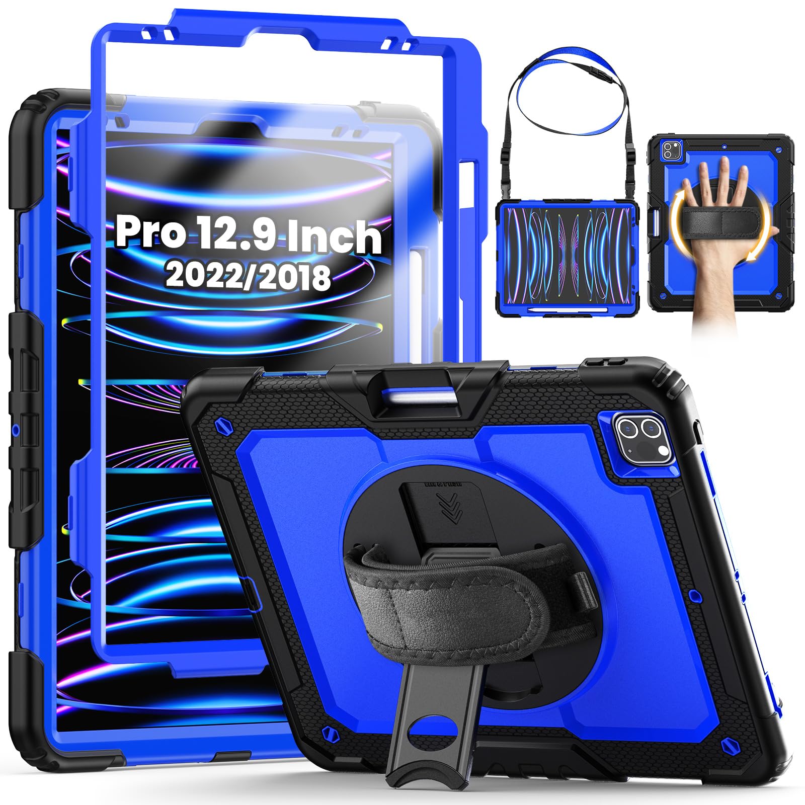SEYMCY Case for iPad Pro 12.9 Inch 2022/2021/2020/2018 (Pro 6th/5th/4th/3rd), Full-body Shockproof with Screen Protector, 360° Rotating Hand Strap & Stand, Carrying Strap, Pencil Holder, Blue