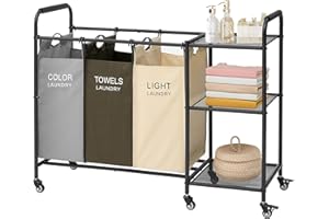 GEWUDRAW 3 Bag Laundry Sorter Cart with Storage Shelf 3 Section Laundry Hamper Sorter with Lockable Rolling Wheels Laundry Separator Basket with Removable Bags for Dirty Clothes Storage