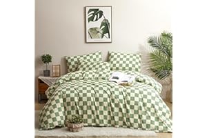Houseri Plaid Green and White Duvet Cover Queen Sage Green Grid Duvet Covers Queen Size for Girls Boys Full Checkerboard Light Green Buffalo Checkered Duvet Cover Full Green Beige Bedding Sets Queen
