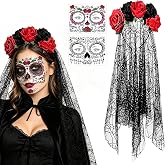 FSSODWT Day of the Dead Headpiece Veil Black and Red Rose Women | Flower Headwear, Lace Veil, Face Tattoos, Dia De Los Muertos Costume, Halloween Cosplay Party