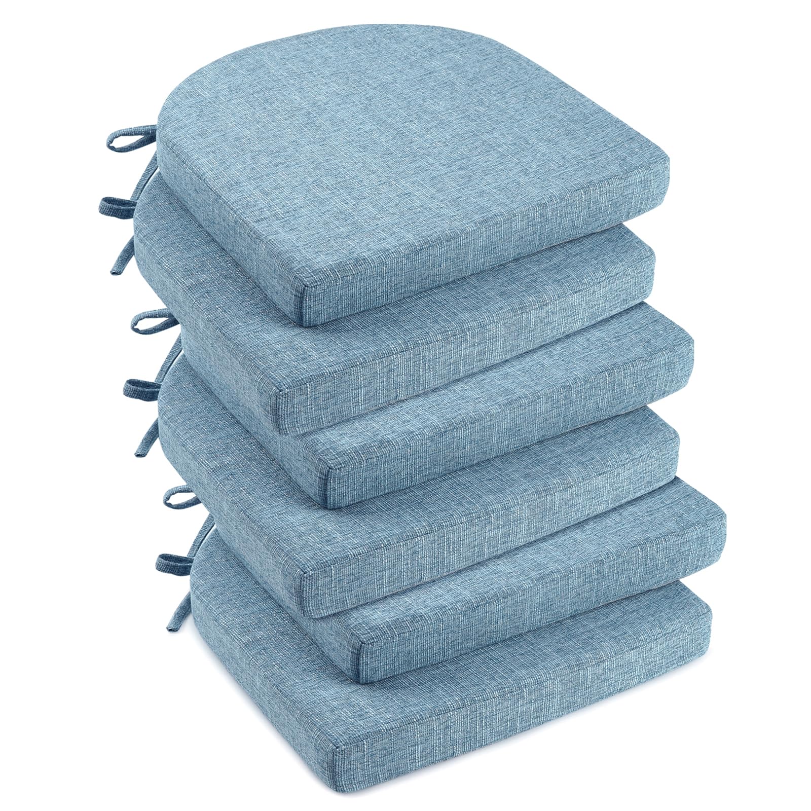 downluxe Indoor Chair Cushions for Dining Chairs, Soft and Comfortable Textured Foam Kitchen Chair Pads with Ties and Non-Slip Backing, 16" x 16" x 2", Light Blue, 6 Pack Image