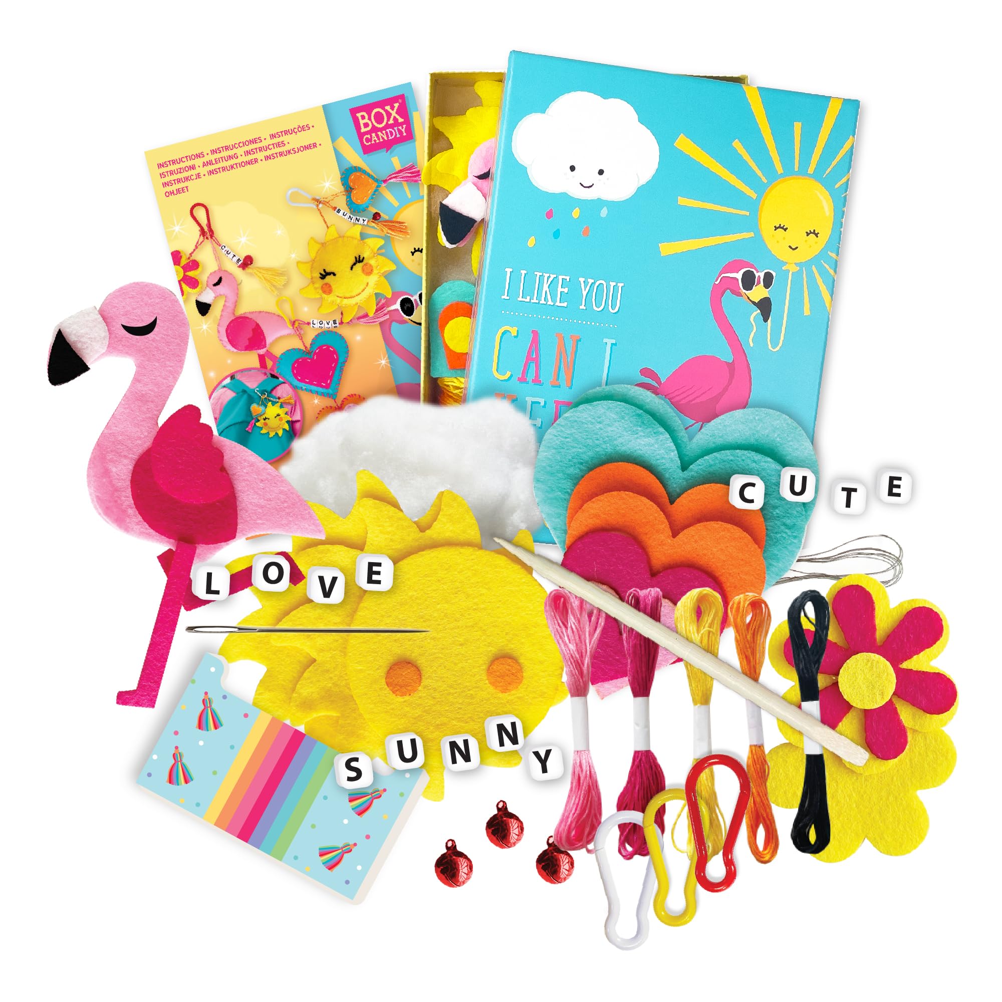 BOX CANDIY Backpack Charms Felt Art Set for Kids I DIY Craft Kit with Felt Pieces, Beads, Carabiners, Tassel Maker & Storage Box I Make 3 Funky Bag Charms.