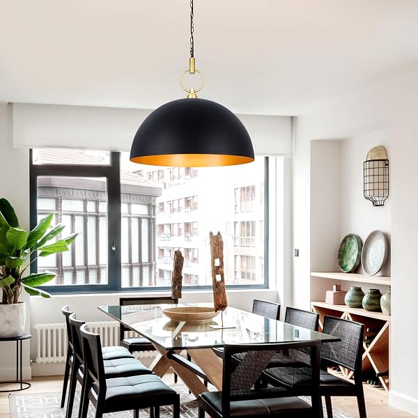 CORLACELING 23.6″ FARMHOUSE PENDANT LIGHTS FOR KITCHEN ISLAND, BLACK AND GOLD LARGE DOME PENDANT LIGHT FIXTURE INDUSTRIAL HANGING LAMP FOR DINING ROOM LIVING ROOM HALLWAY BAR BEDROOM
