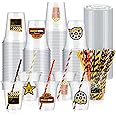 FoldTier 60 Set Plastic Cups Movie Night Themed 14 oz Disposable Clear Cups with Lids and Paper Straws for Movie Night Themed Party Favor Supplies Decorations