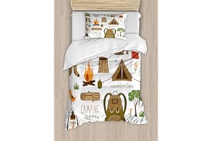 Ambesonne Adventure Duvet Cover Set, Camping Equipment Sleeping Bag Boots Campfire Shovel Hatchet Log Art Print, Decorative 2 Piece Bedding Set with 1 Pillow Sham, Twin Size, White Khaki