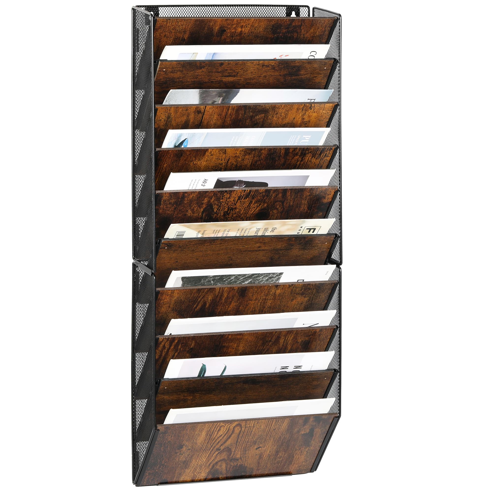 TQVAI 10 Pockets Wall File Organiser Wood Magazine File Holder A4 Paper Document Storage Desk Accessories Stationery Supplies for Office Home School, Black/Antique