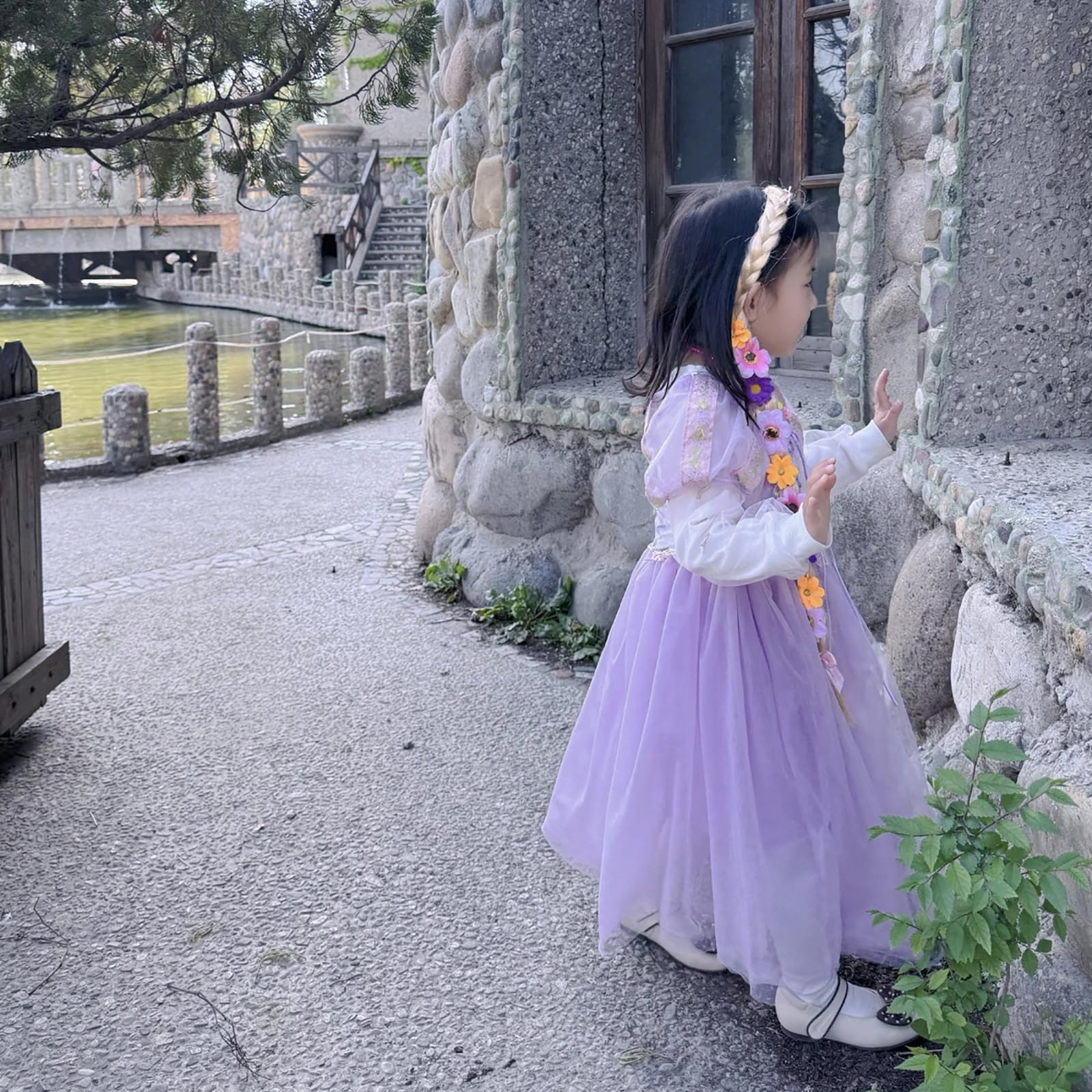 Princess Dress up Wigs, Princess Rapunzel Long Braided Wig Headbands with Tiara Flowers Adorn for Girls Costume Accessories, 29 Inch