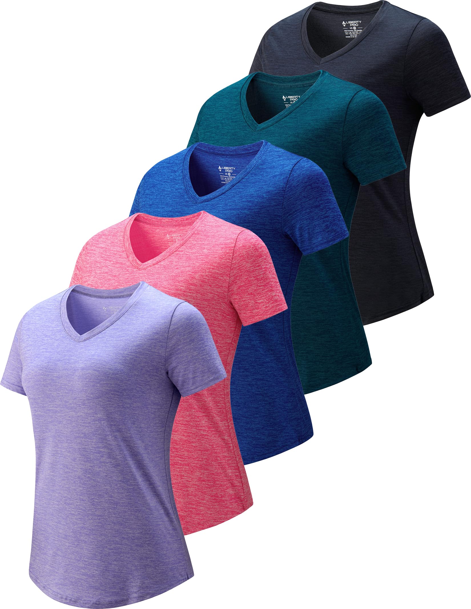 Photo 1 of 5 Pack: Women's Dry Fit Short Sleeve T Shirts, Athletic Workout Tee Tops for Gym Yoga Running (Set 10, X-Large)