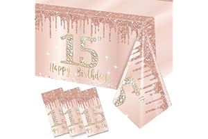 Excelloon 3 Pack 15th Birthday Tablecloth Decorations, Pink Rose Gold Happy 15 Bday Theme Table Cover Party Supplies, Fifteen Year Old Birthday Plastic Disposable Rectangular Table Cloth Decor