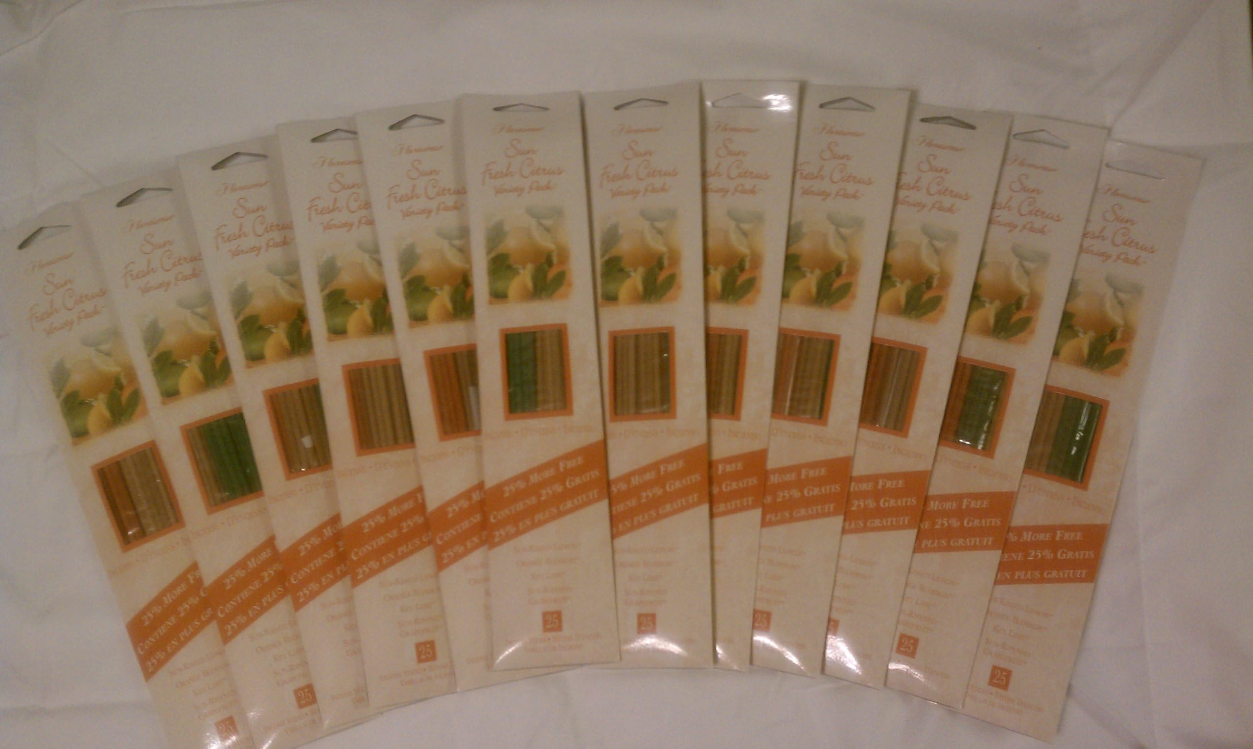 Sun Fresh Citrus Incense Variety Pack 25 pack (12 packs, 300 sticks). Sun Kissed Lemon, Orange Blossom, Key Lime, Sun Rippened Grapefruit