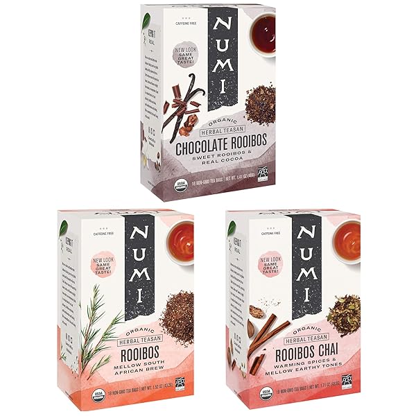 NUMI – ORGANIC ROOIBOS TEA VARIETY PACK, 54 HERBAL TEA BAGS, CHOCOLATE, CHAI AND REGULAR ROOIBOS