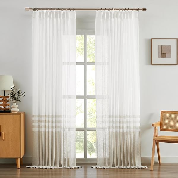 WEST LAKE PINCH PLEATED SHEER CURTAINS 84 INCHES LONG,TAN WHITE COLOR BLOCK DRAPES,FARMHOUSE WINDOW TREATMENT FOR BEDROOM LIVING ROOM,BACK TABS,TAN WHITE,58″ WX84 L(PACK OF 2)
