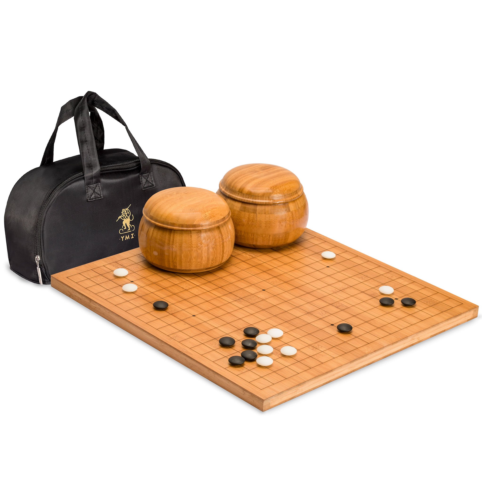 Yellow Mountain Imports Bamboo 0.8-Inch Etched Reversible 19x19 / 13x13 Go Game Set Board with 9.2mm Double Convex Yunzi Stones and Bamboo Wood Bowls Set - Classic Strategy Board Game (Baduk/Weiqi)