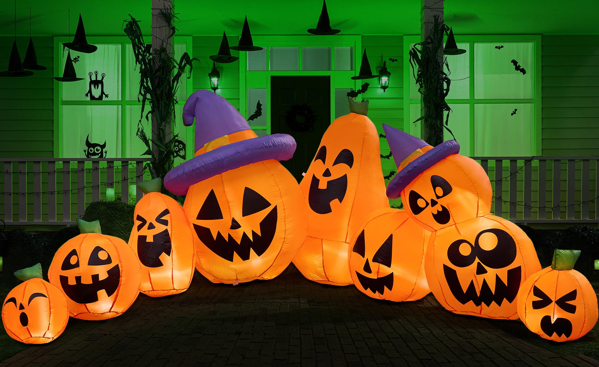 Photo 1 of Joiedomi 12.5 FT Halloween Inflatable Pumpkin Outdoor Decorations, Blow Up Yard Decorations with Witch Hat, 9 Pcs Blow Up Pumpkin Inflatable with Built-in LEDs for Halloween Decor