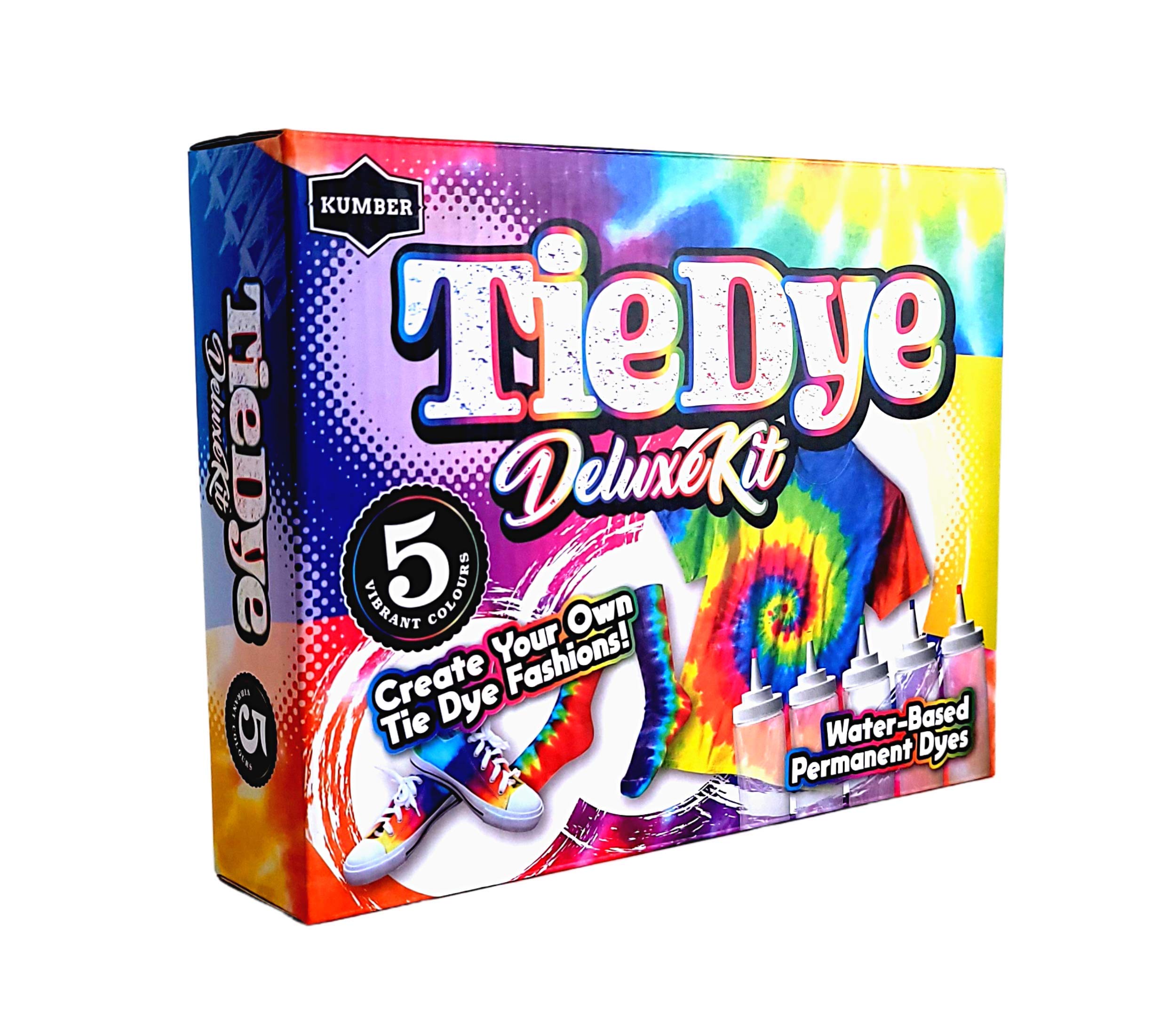 KUMBER Tie Dye Kit Kids - 5 Colours with Extra Dye Powder, Rubber Bands, Gloves and Funnel - Art and Craft Set for Dyeing Clothes, Creative Games & Activities - Suitable for Kids and Adults