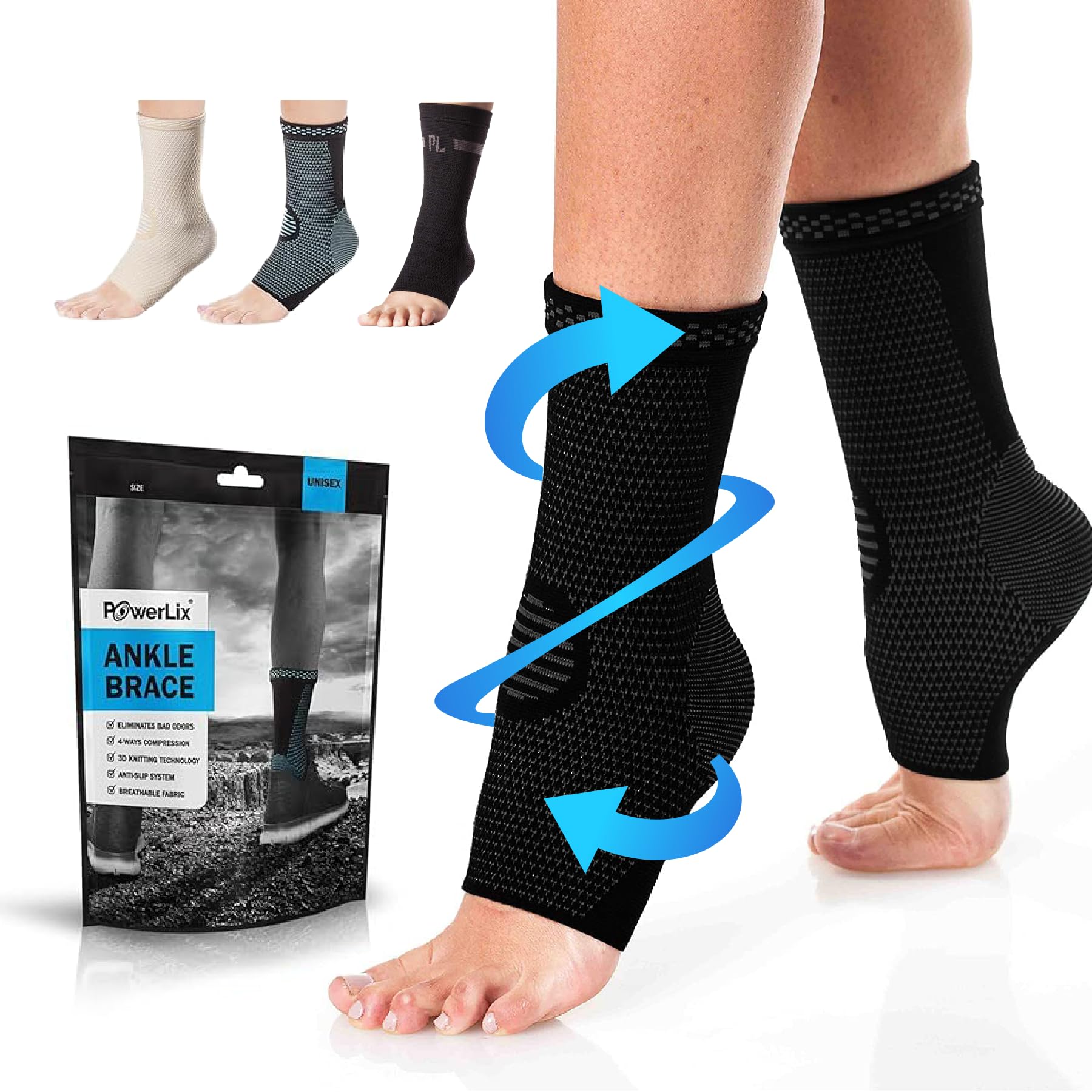 POWERLIX Ankle Support Brace 2 Pack, Ankle Brace for Men/Women/Kids, Support for Ligament Damage, Sports Protect, Injury Recovery, Plantar Fasciitis Foot Socks with Arch Support, Black, M