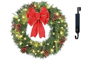 Glowing Petals Solar Christmas Wreath 24 Inches Pre-Lit Solar 50 Led Artificial Wreath Outdoor Front Door Window Christmas Decor with Frosted Branches Pine Cones Berry Clusters Red Velvet Bows (2401)