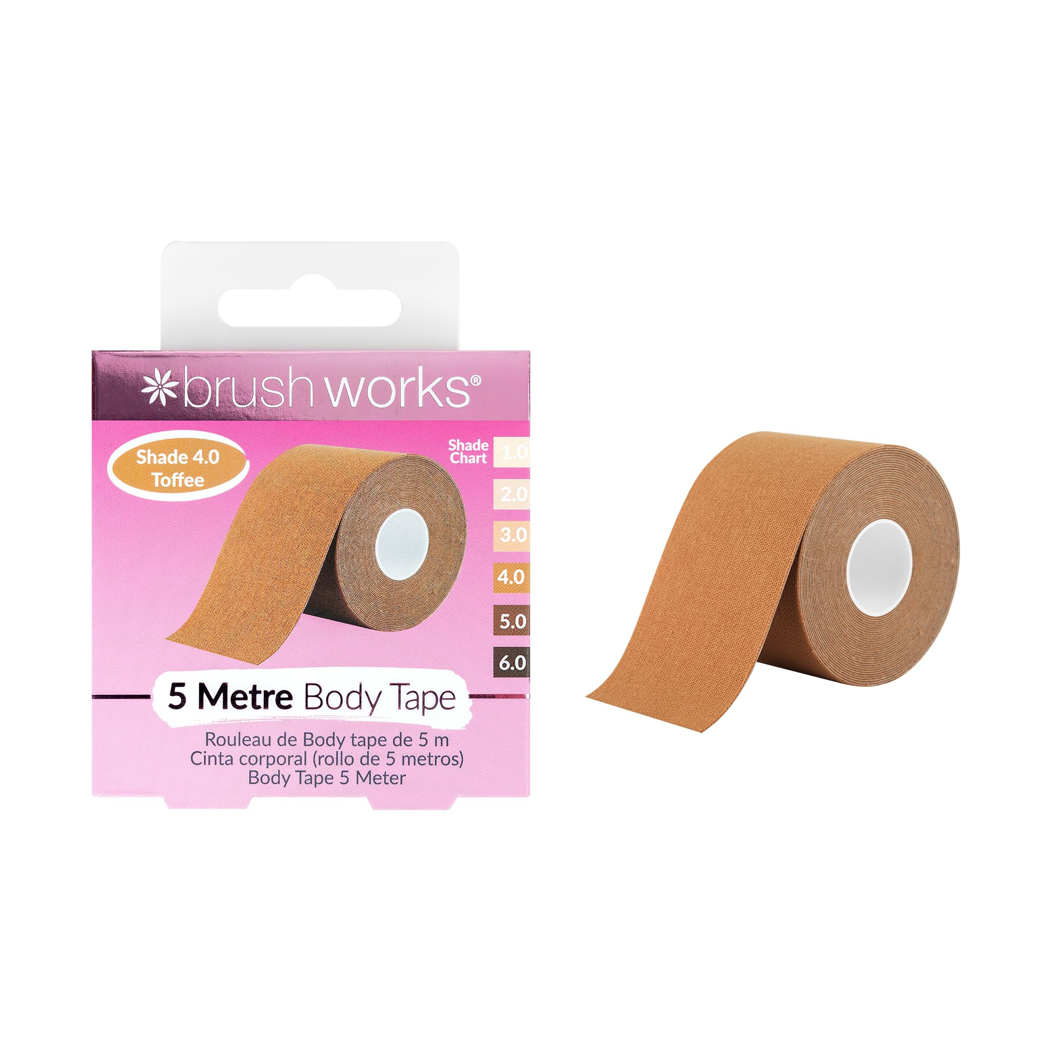 Brushworks Body Tape Shade 4.0 Toffee – Nude Stretchy Body & Breast Lift Tape for Long-Lasting Support & Invisible Hold, 5m Roll, Comfortable & Skin-Friendly Bra Tape, Vegan & Cruelty-Free
