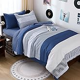Cottolester Twin Size Comforter Navy Blue Striped Comforters for Boys&Girls,7 Pieces Bed in A Bag Simple Neutral-Style Bedding Sets for Kids Teen