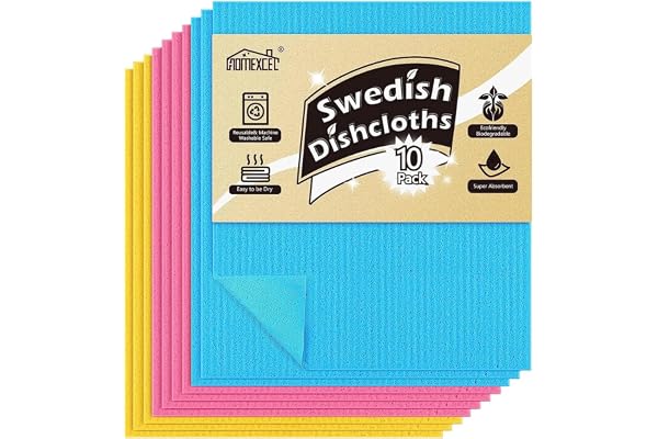 HOMEXCEL 10 Pack Swedish Dish Clothes, Reusable Sponge Cloth, for Kitchen, Counters & Washing Dishes, Highly Absorbent,3 Colo