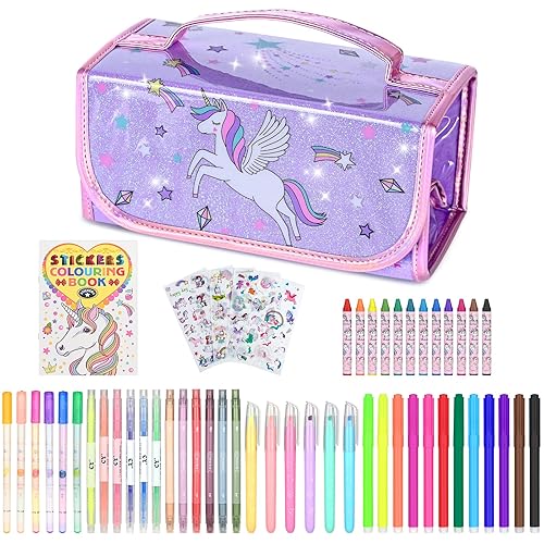 nasominako 54 PCS Washable Scented Markers Set for Kids, Unicorn Colouring Set for Kids Ages 4-8, Art Supplies for Girls 4-8 Year Old, Unicorn Pencil Case, Christmas Birthday Gift