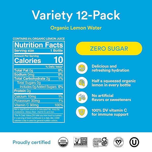 LEMON PERFECT 4-FLAVOR VARIETY PACK, HYDRATING FLAVORED LEMON WATER, ZERO SUGAR, DELICIOUS AND REFRESHING, ORGANIC, 15.2 FL OZ BOTTLES (12-PACK)
