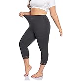 Plus Size Capris Leggings for Women，Lace Trim Stretch Crop Leggings Workout Casual Tights Pants