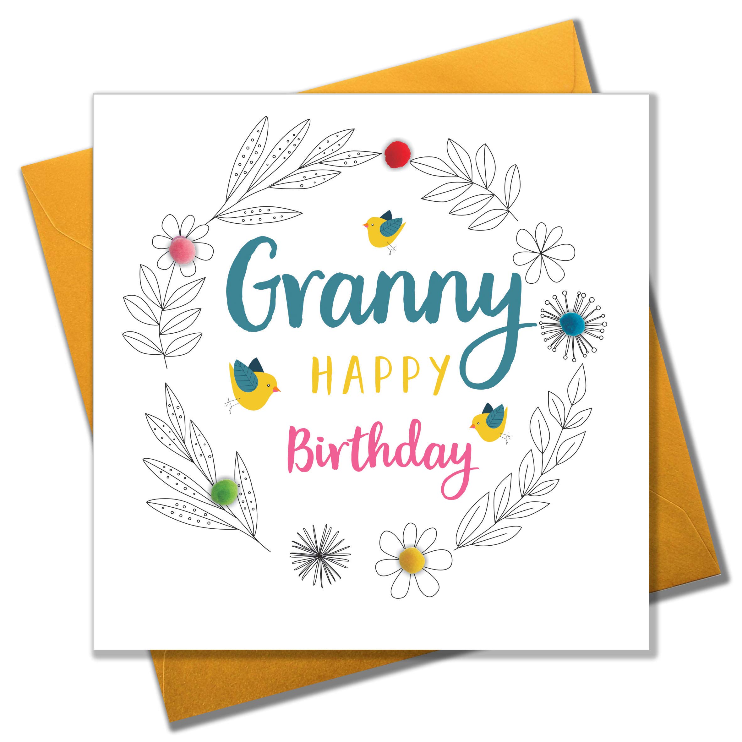 Claire Giles Greeting Cards, Happy Birthday Granny Card, Birds and Flowers design Grandmother Birthday Greeting Card, Embellished with colourful Pompoms