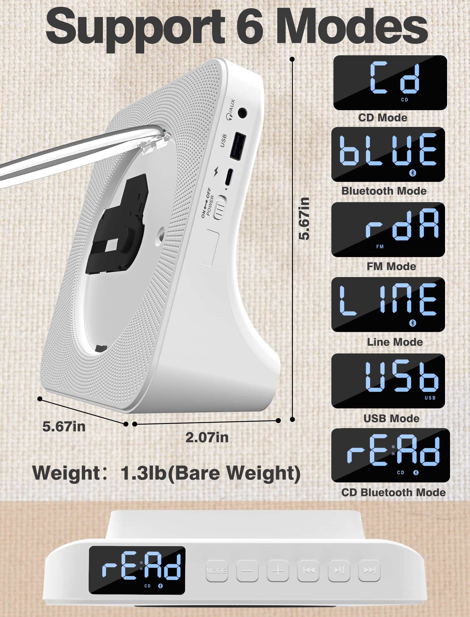 Portable CD Player with Bluetooth: 4000mAh Recheageable Kpop Music Player with HiFi Speaker,Remote Control,LCD Display,Sleep Timer,Headphone Jack, Supports CD/Bluetooth/FM Radio/U-Disk/AUX for Home