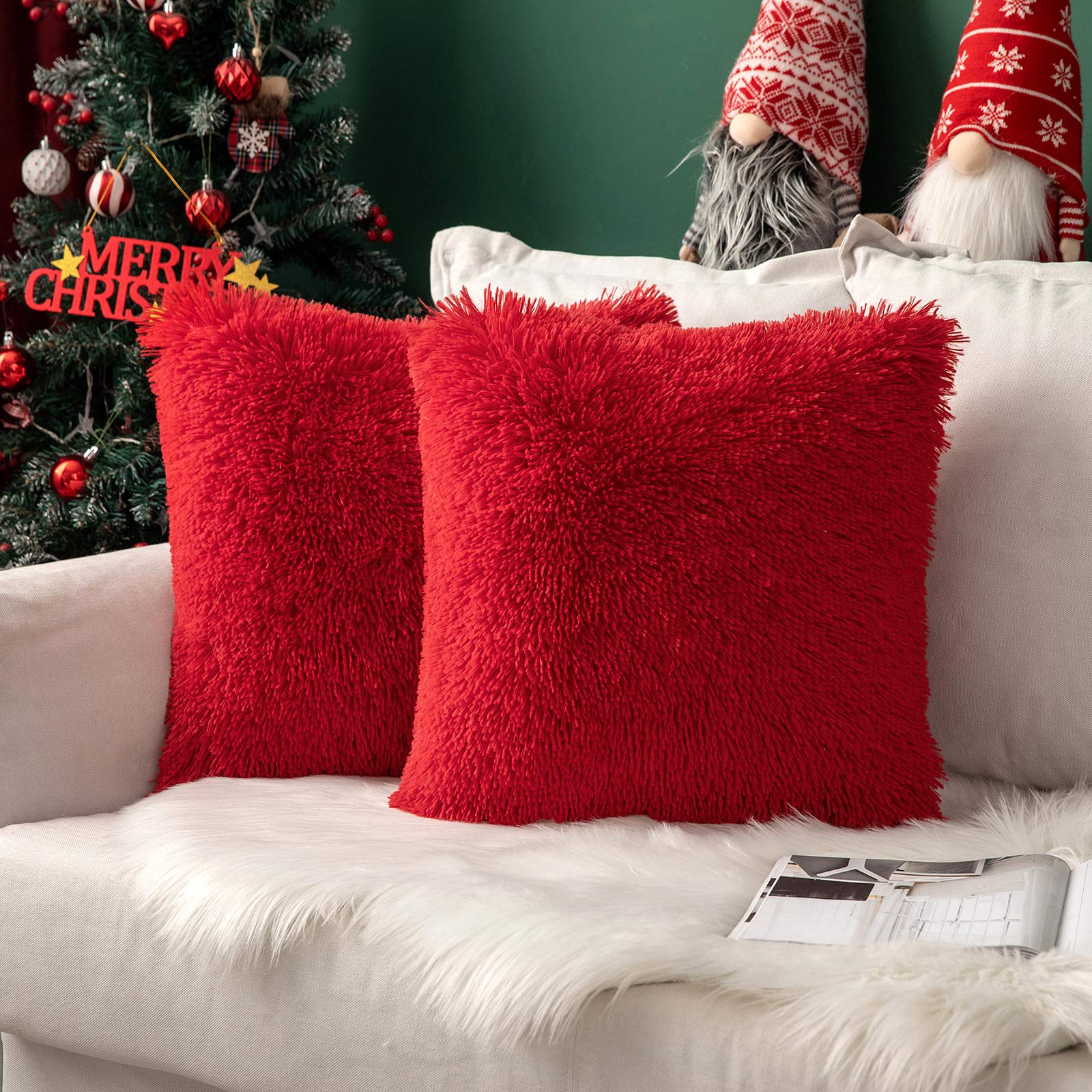 MIULEE Pack of 2 Faux Fur Cushion Covers Fluffy Soft Decorative Square Pillowcase Plush Case Faux Fur Throw Pillow Cover For Livingroom Sofa Bedroom 16x16 Inch 40x40cm 16"x16" Red