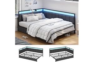 Hasuit Corner Bed Frame with Storage Drawers, Full Daybed with Line Fabric Upholstered Fence, Kids Bed Unit with LED Light and Charging Station, Modern Bed Frame Full Size, Gray