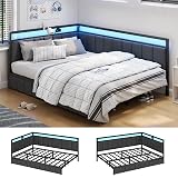 Hasuit Corner Bed Frame with Storage Drawers, Full Daybed with Line Fabric Upholstered Fence, Kids Bed Unit with LED Light and Charging Station, Modern Bed Frame Full Size, Gray